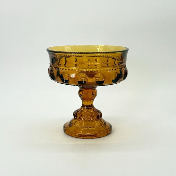 Vintage Amber Indiana Glass Thumbprint Carnival Crown Compote Candy Dish - Picture 1 of 10